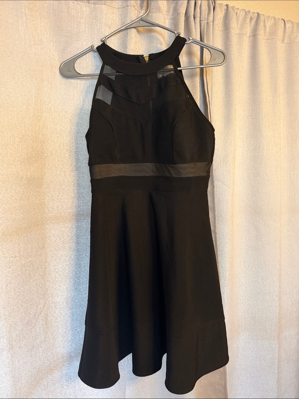 Honey and Rosie Black Halter Mesh-Trim Mini Dress